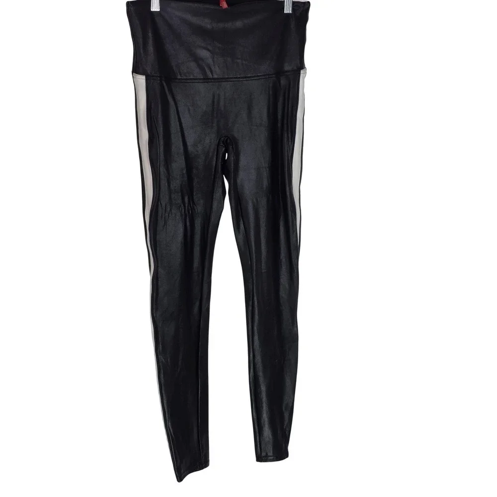 Spanx Pants Womens XL Black Faux Leather Side Stripe‎ High Rise Stretch Leggings